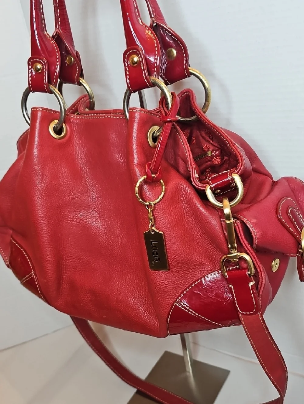 Red Leather Shoulder Bag with Gold Hardware - Picture 2 of 13